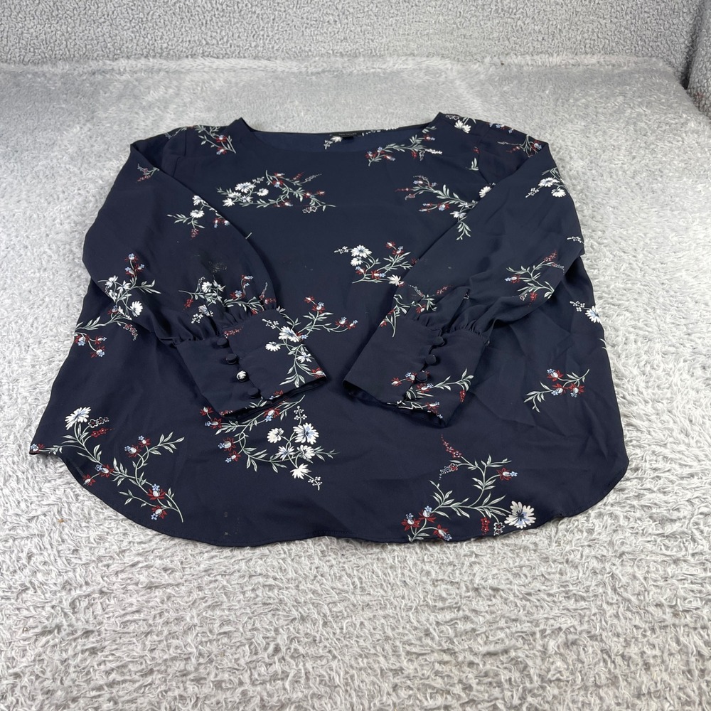 Ann Taylor Navy Floral Print Long Sleeve Button Cuff Blouse Women's XL